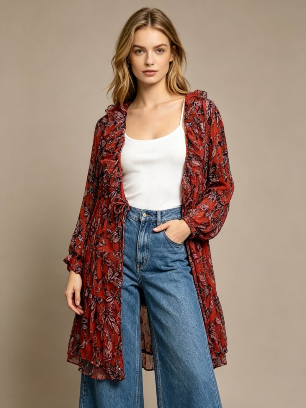 $565 NWT IRO Paris Cover Up Dress Size 34 Ruffle Red Floral Long Sleeves